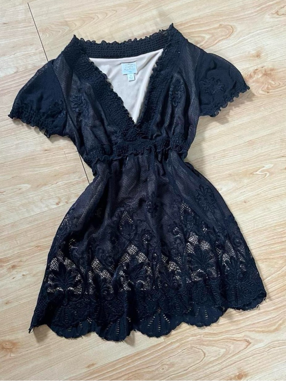 Vintage Babydoll Top Black Lace Stretch Sheer Dark Coquette Gothic Size 12 or L